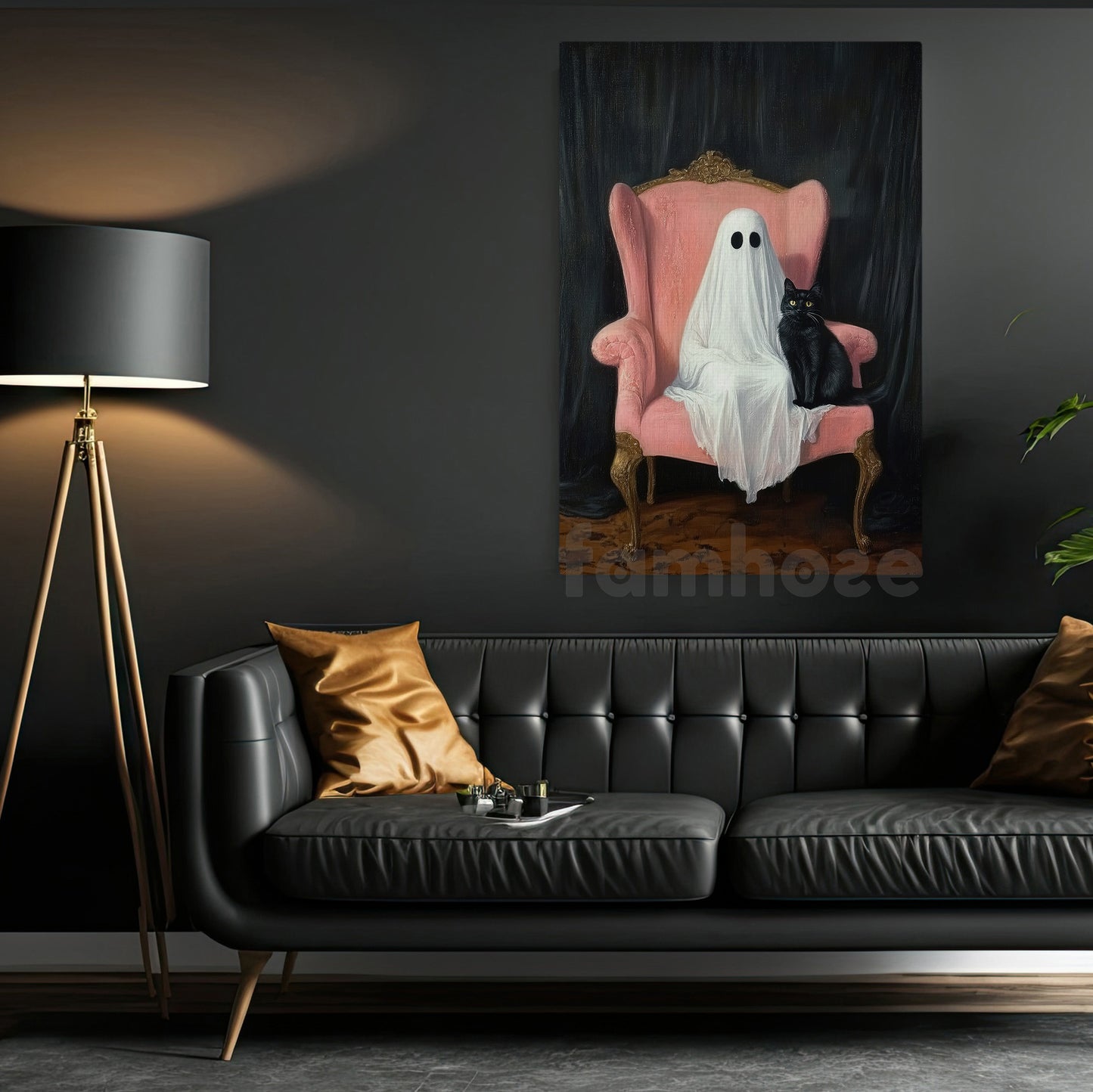 Halloween Boo Cat Canvas Painting, Haunted Chair Ghost And Cat Wall Art Decor Spooky Season Poster Gift For Cat Lovers