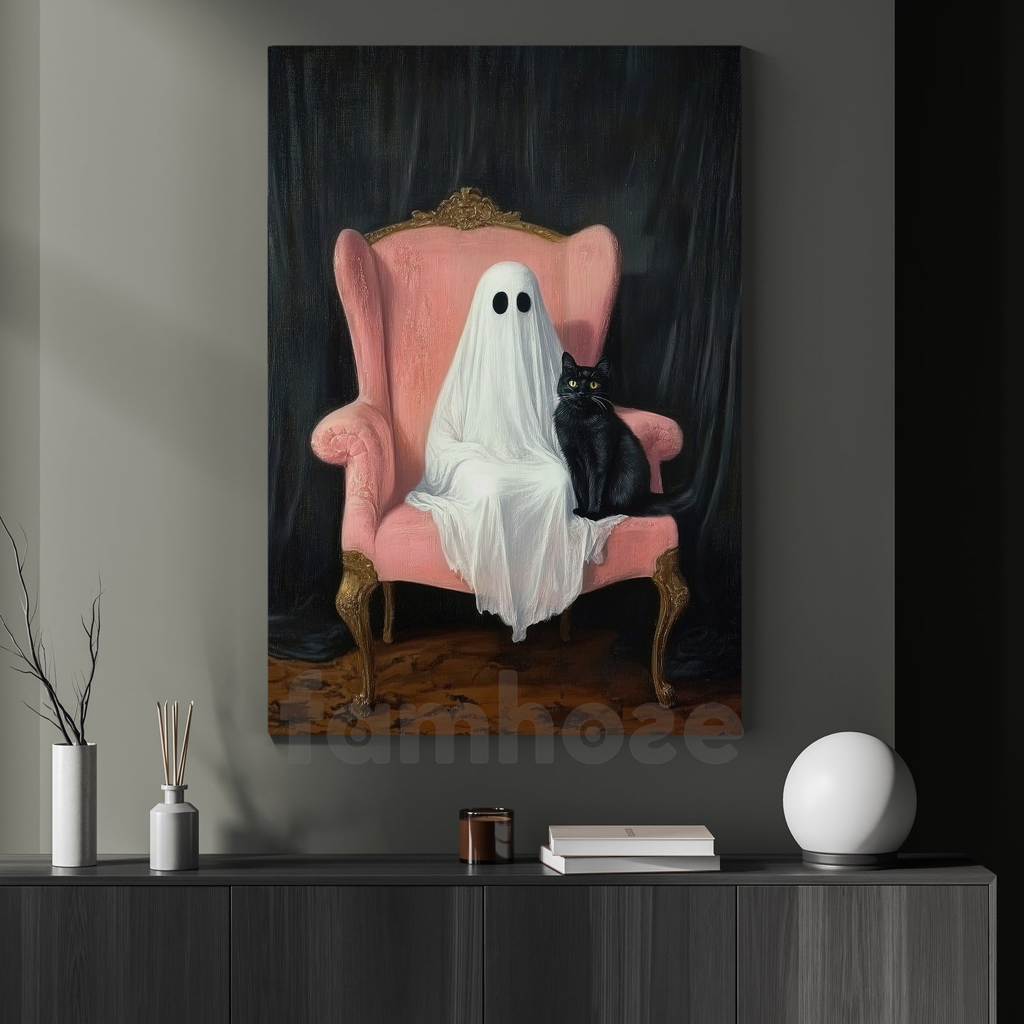 Halloween Boo Cat Canvas Painting, Haunted Chair Ghost And Cat Wall Art Decor Spooky Season Poster Gift For Cat Lovers