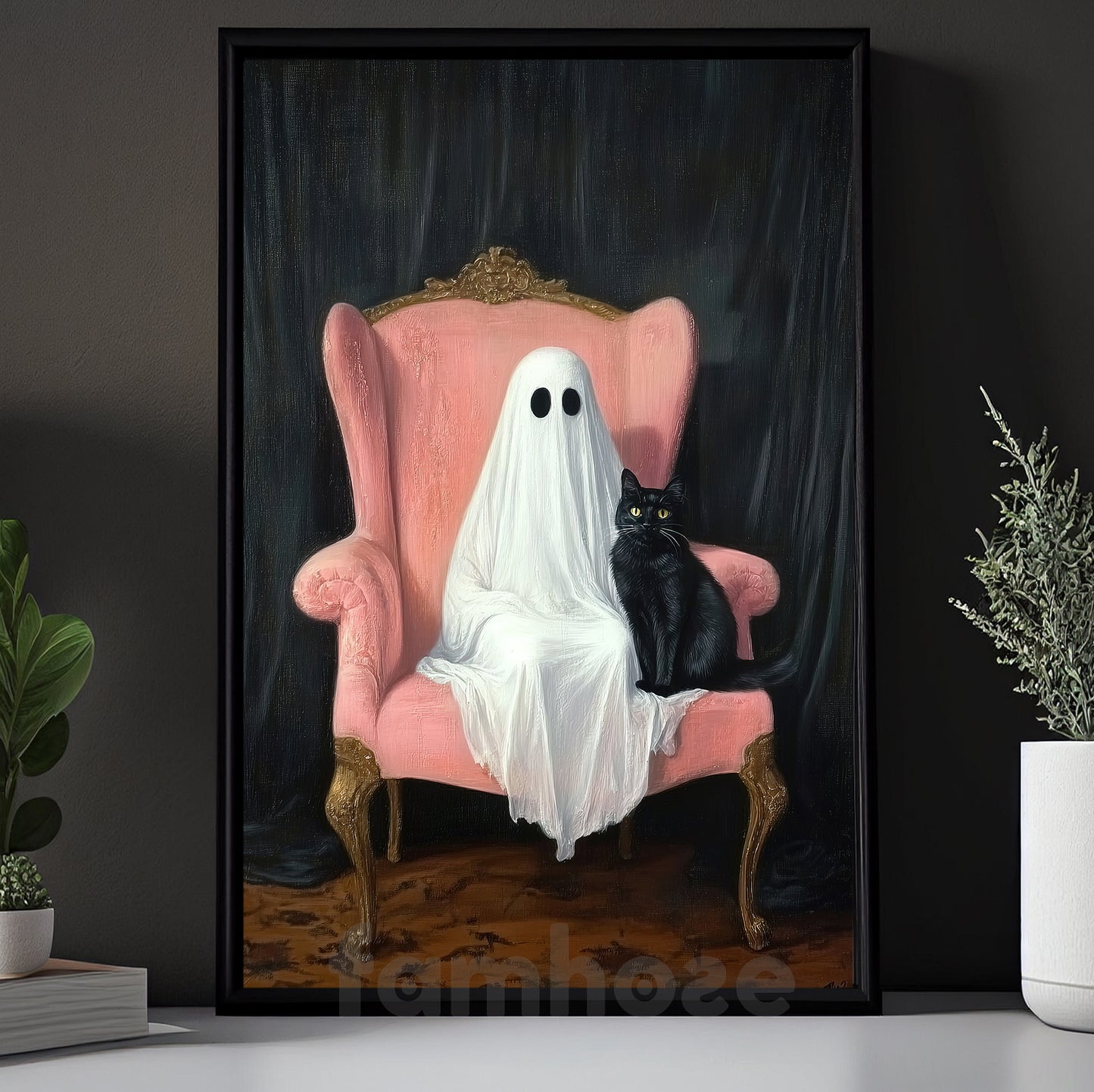 Halloween Boo Cat Canvas Painting, Haunted Chair Ghost And Cat Wall Art Decor Spooky Season Poster Gift For Cat Lovers