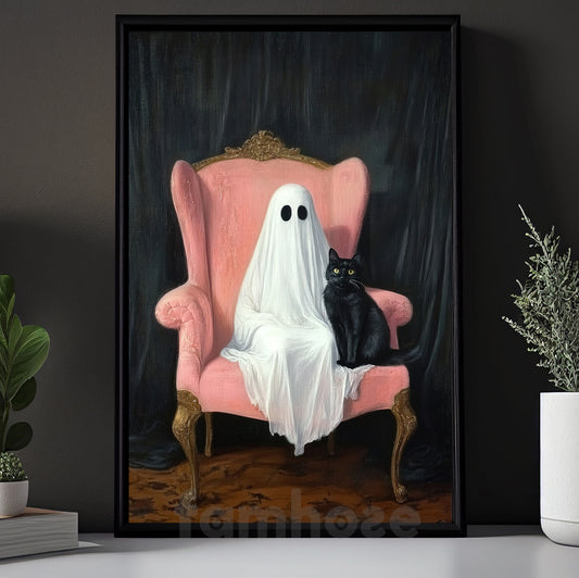 Halloween Boo Cat Canvas Painting, Haunted Chair Ghost And Cat Wall Art Decor Spooky Season Poster Gift For Cat Lovers