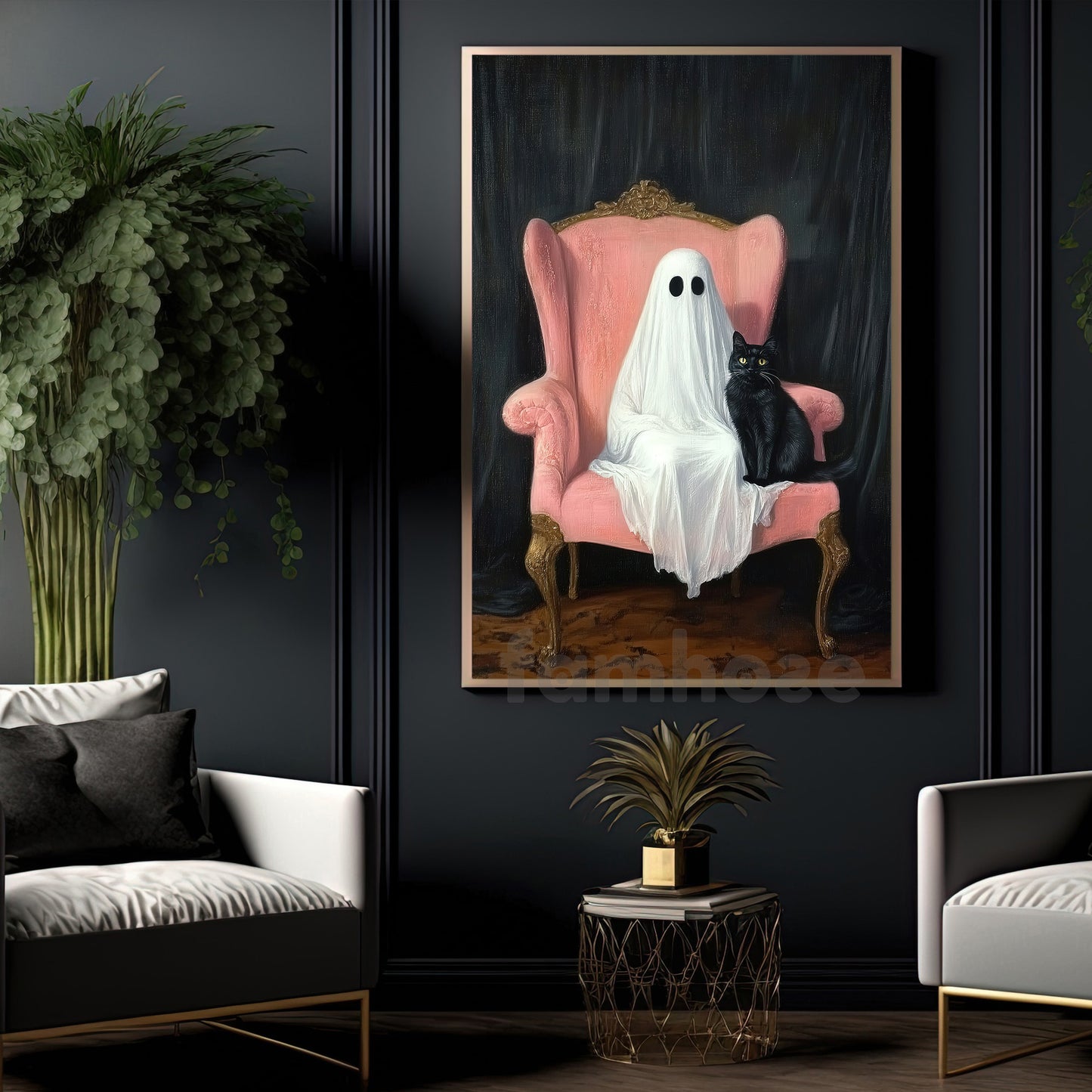 Halloween Boo Cat Canvas Painting, Haunted Chair Ghost And Cat Wall Art Decor Spooky Season Poster Gift For Cat Lovers