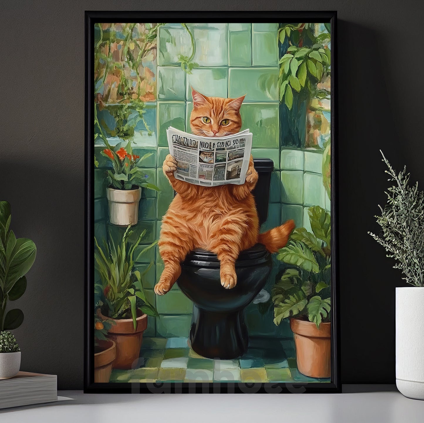 Cute Cat Canvas Painting, Toilet Time Tabby Wall Art Decor, Poster Gift For Cat Lovers