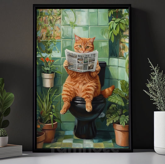 Cute Cat Canvas Painting, Toilet Time Tabby Wall Art Decor, Poster Gift For Cat Lovers