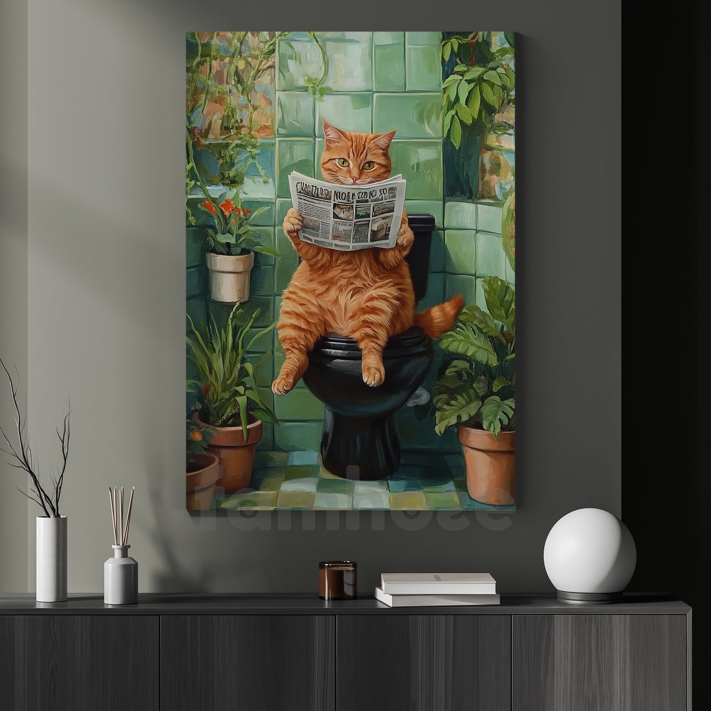 Cute Cat Canvas Painting, Toilet Time Tabby Wall Art Decor, Poster Gift For Cat Lovers