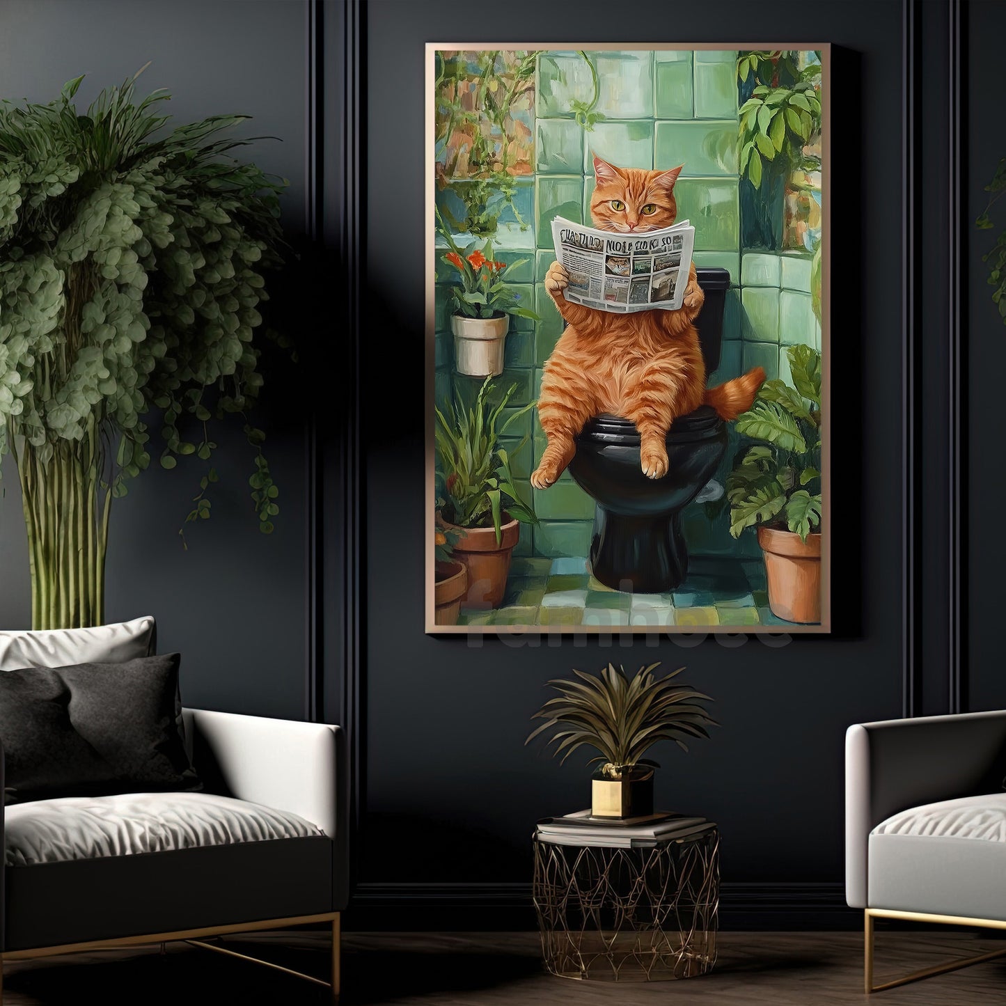 Cute Cat Canvas Painting, Toilet Time Tabby Wall Art Decor, Poster Gift For Cat Lovers