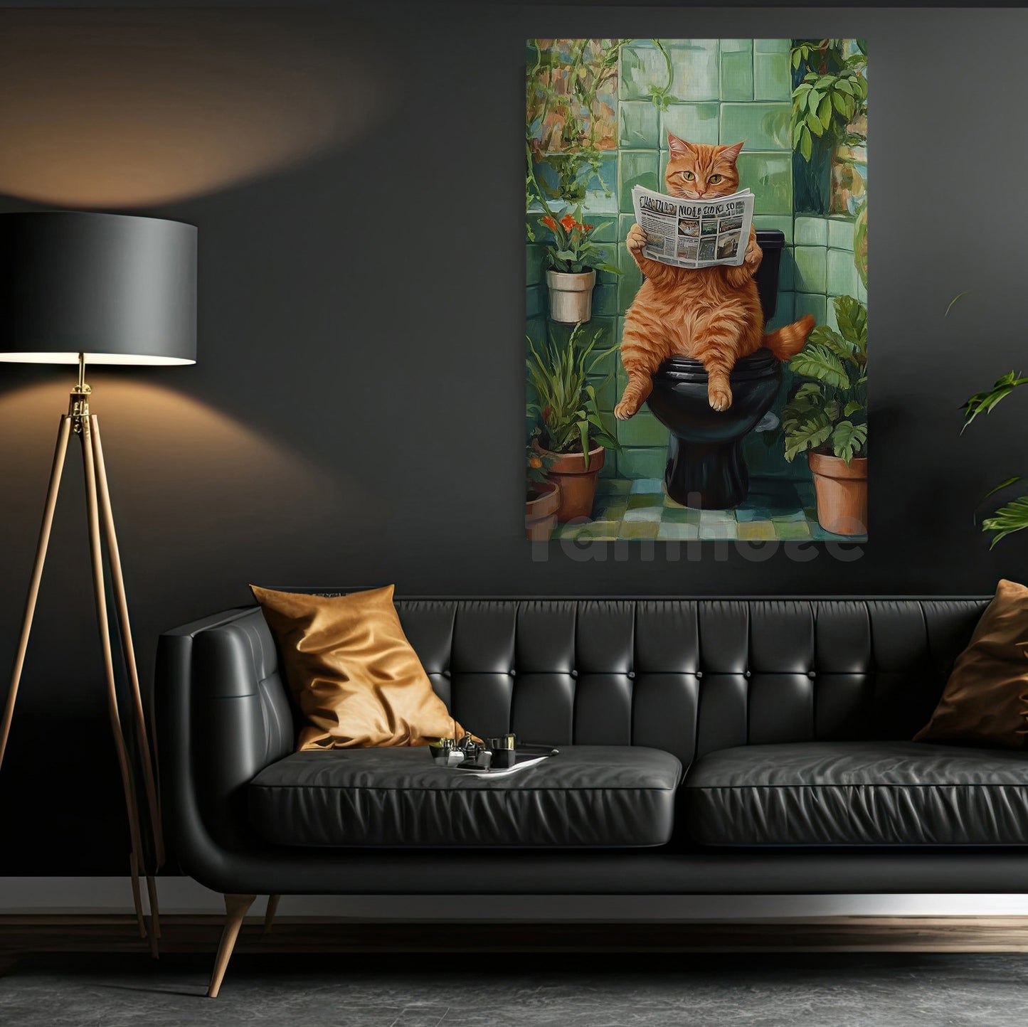 Cute Cat Canvas Painting, Toilet Time Tabby Wall Art Decor, Poster Gift For Cat Lovers