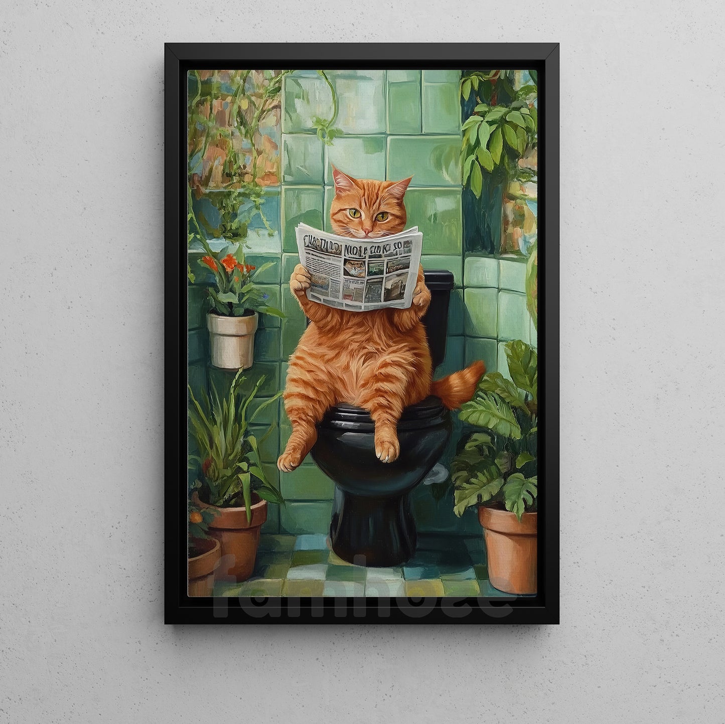 Cute Cat Canvas Painting, Toilet Time Tabby Wall Art Decor, Poster Gift For Cat Lovers