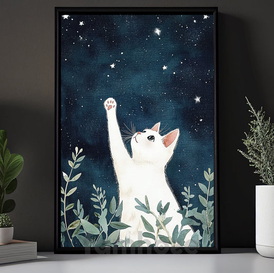 Cute Cat Canvas Painting, Paws To The Stars Wall Art Decor, Poster Gift For Cat Lovers