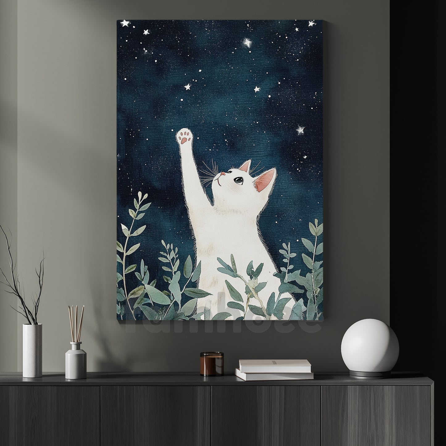 Cute Cat Canvas Painting, Paws To The Stars Wall Art Decor, Poster Gift For Cat Lovers