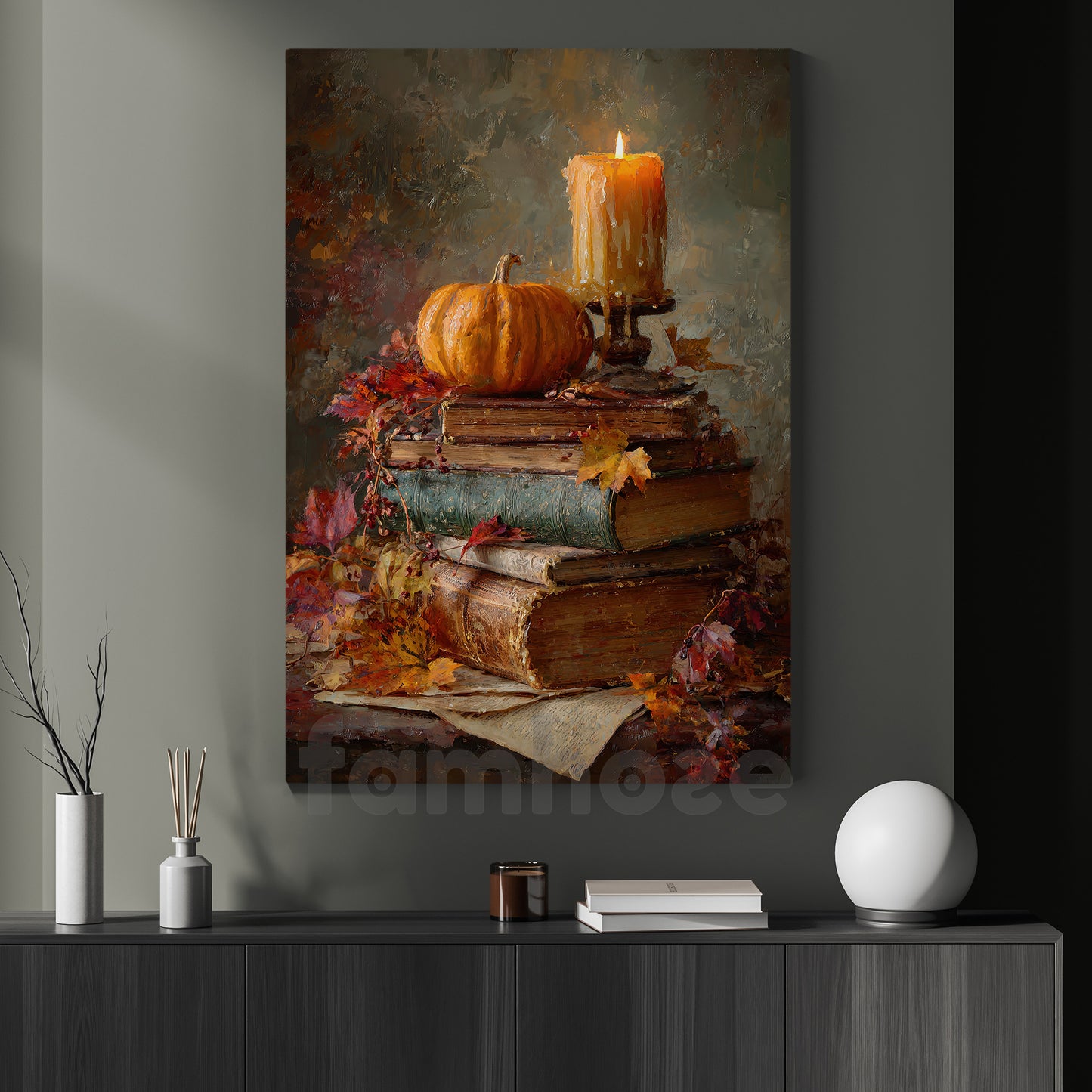 Halloween Pumpkin Book Canvas Painting, Autumn Tales Wall Art Decor, Spooky Season Poster Gift For Book Lovers, Pumpkin Lovers