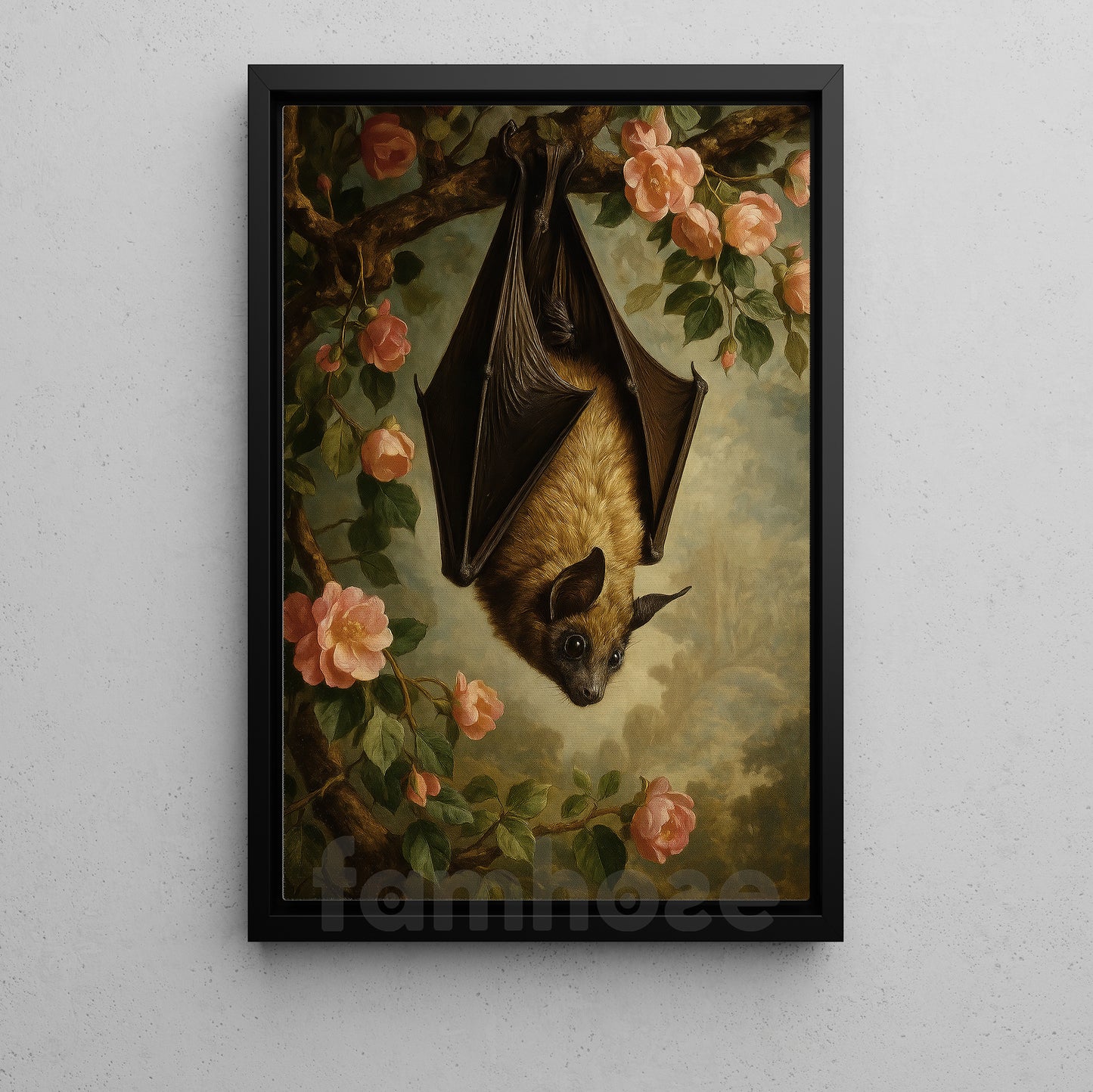Bat & Flowers Canvas Painting, Realism Bat And Roses Wall Art Decor, Poster Gift For Bat Lovers