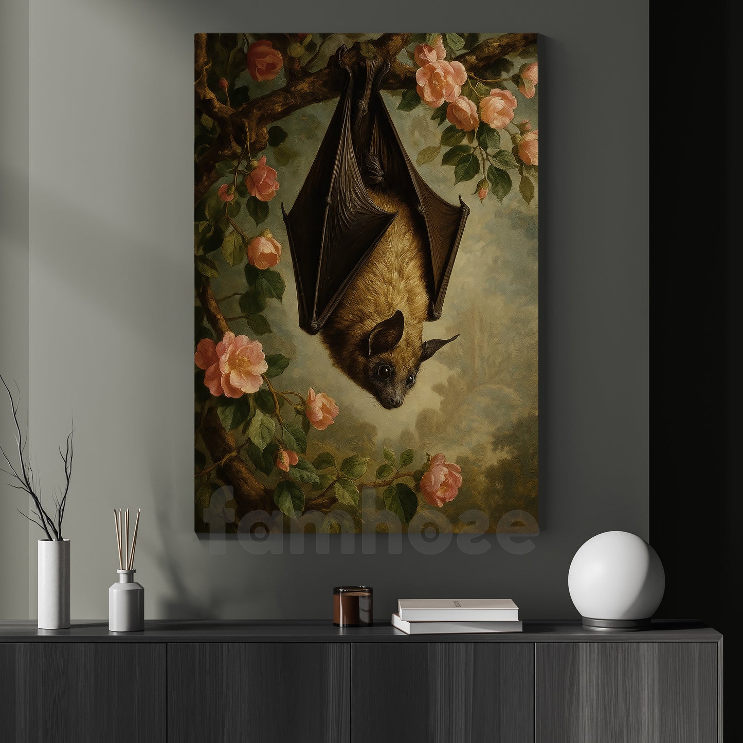 Bat & Flowers Canvas Painting, Realism Bat And Roses Wall Art Decor, Poster Gift For Bat Lovers