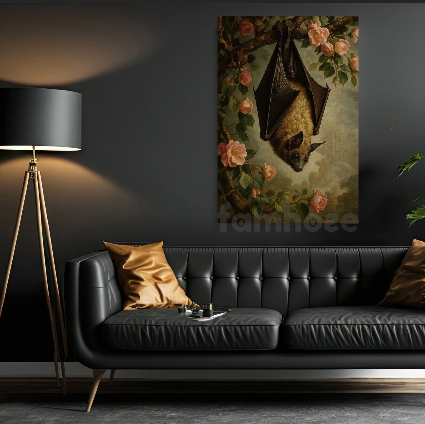 Bat & Flowers Canvas Painting, Realism Bat And Roses Wall Art Decor, Poster Gift For Bat Lovers