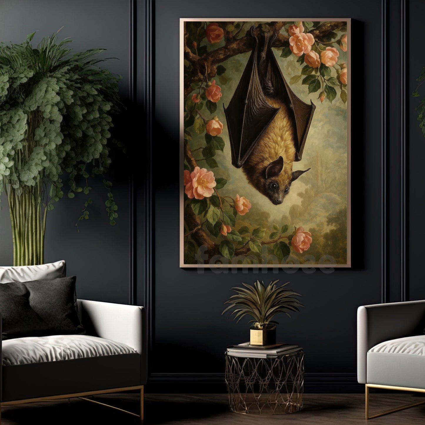 Bat & Flowers Canvas Painting, Realism Bat And Roses Wall Art Decor, Poster Gift For Bat Lovers