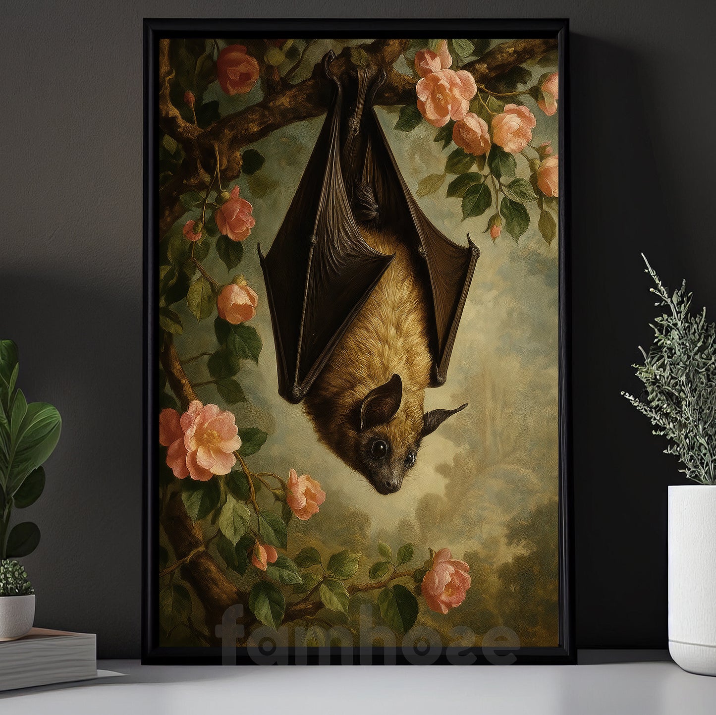 Bat & Flowers Canvas Painting, Realism Bat And Roses Wall Art Decor, Poster Gift For Bat Lovers