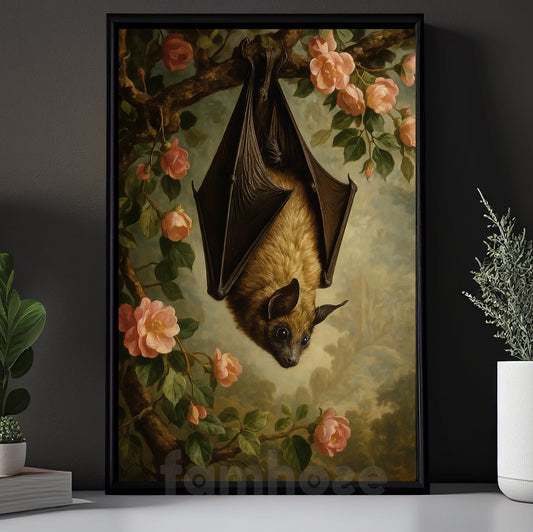 Bat & Flowers Canvas Painting, Realism Bat And Roses Wall Art Decor, Poster Gift For Bat Lovers