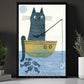 Nordic Style Cat Fishing Canvas Painting, Cat Fisherman Wall Art Decor, Poster Gift For Cat Lovers
