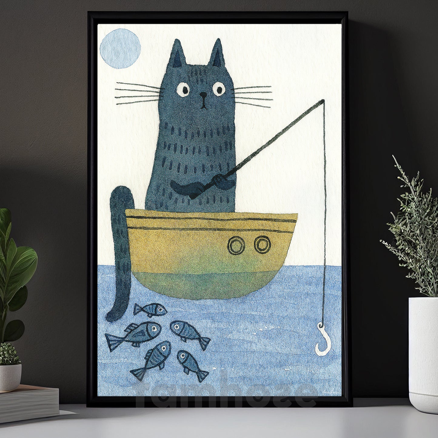 Nordic Style Cat Fishing Canvas Painting, Cat Fisherman Wall Art Decor, Poster Gift For Cat Lovers