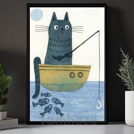 Nordic Style Cat Fishing Canvas Painting, Cat Fisherman Wall Art Decor, Poster Gift For Cat Lovers