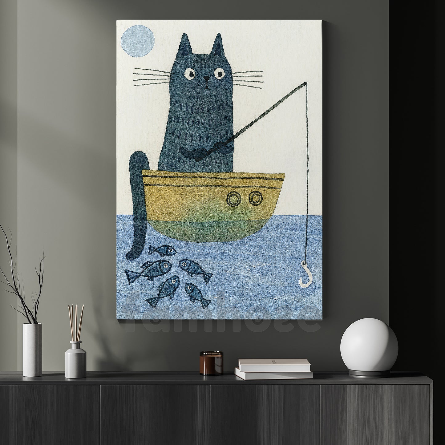 Nordic Style Cat Fishing Canvas Painting, Cat Fisherman Wall Art Decor, Poster Gift For Cat Lovers