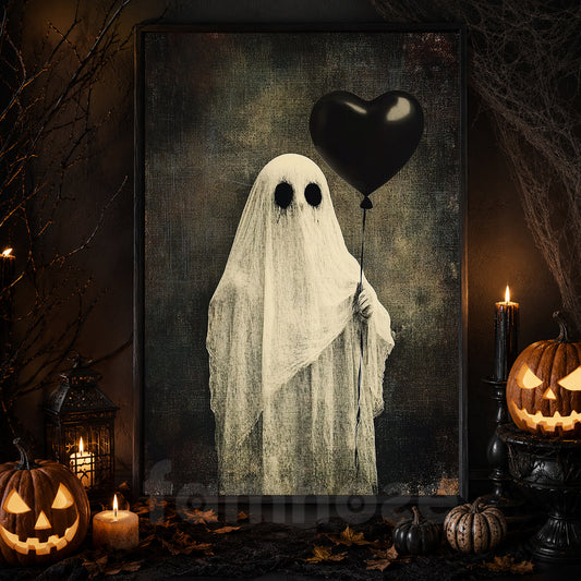 Halloween Ghost Canvas Painting, Ghost With Black Heart Balloon Wall Art Decor, Spooky Season Poster Gift For Boo Lover