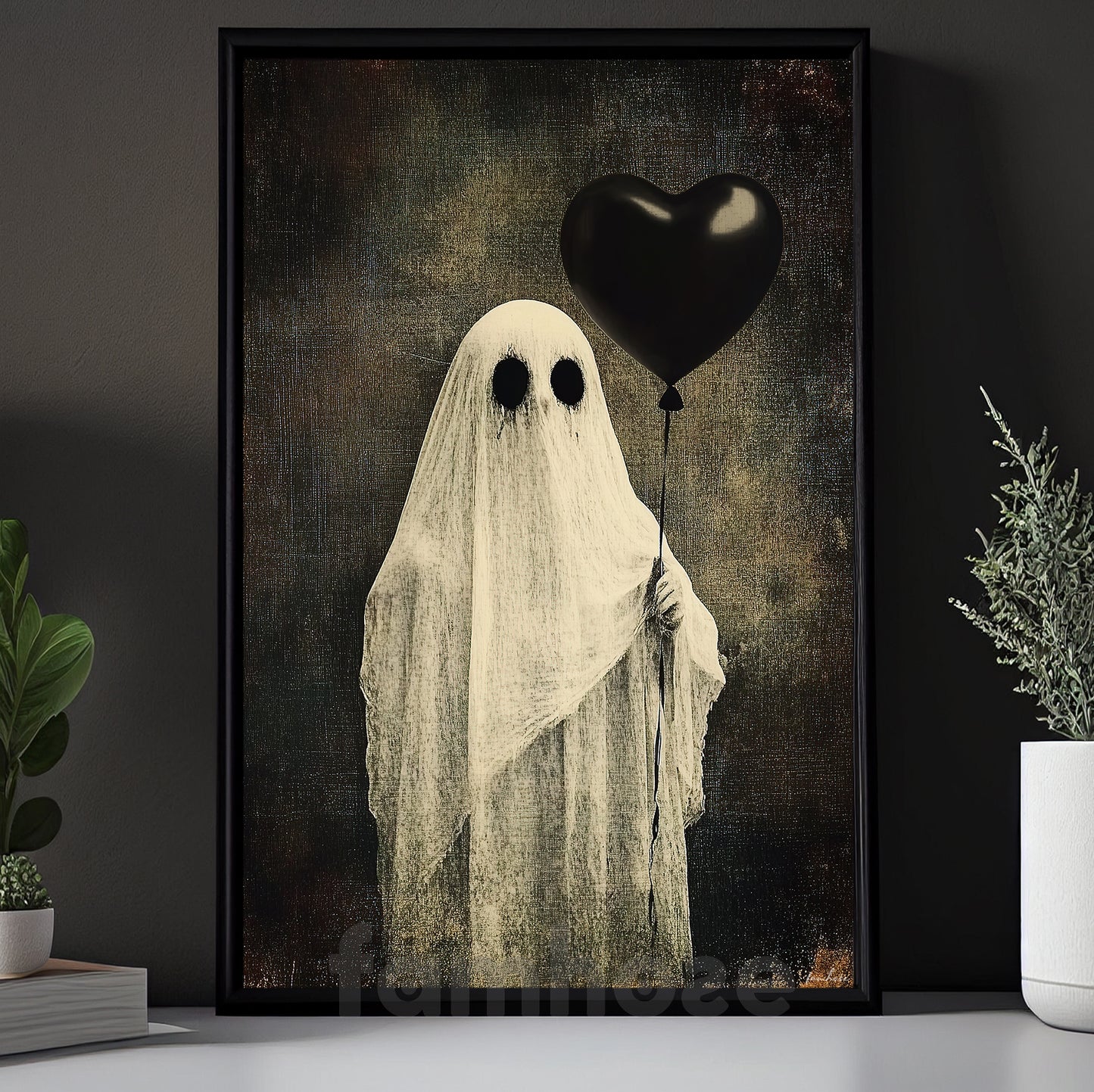 Halloween Ghost Canvas Painting, Ghost With Black Heart Balloon Wall Art Decor, Spooky Season Poster Gift For Boo Lover
