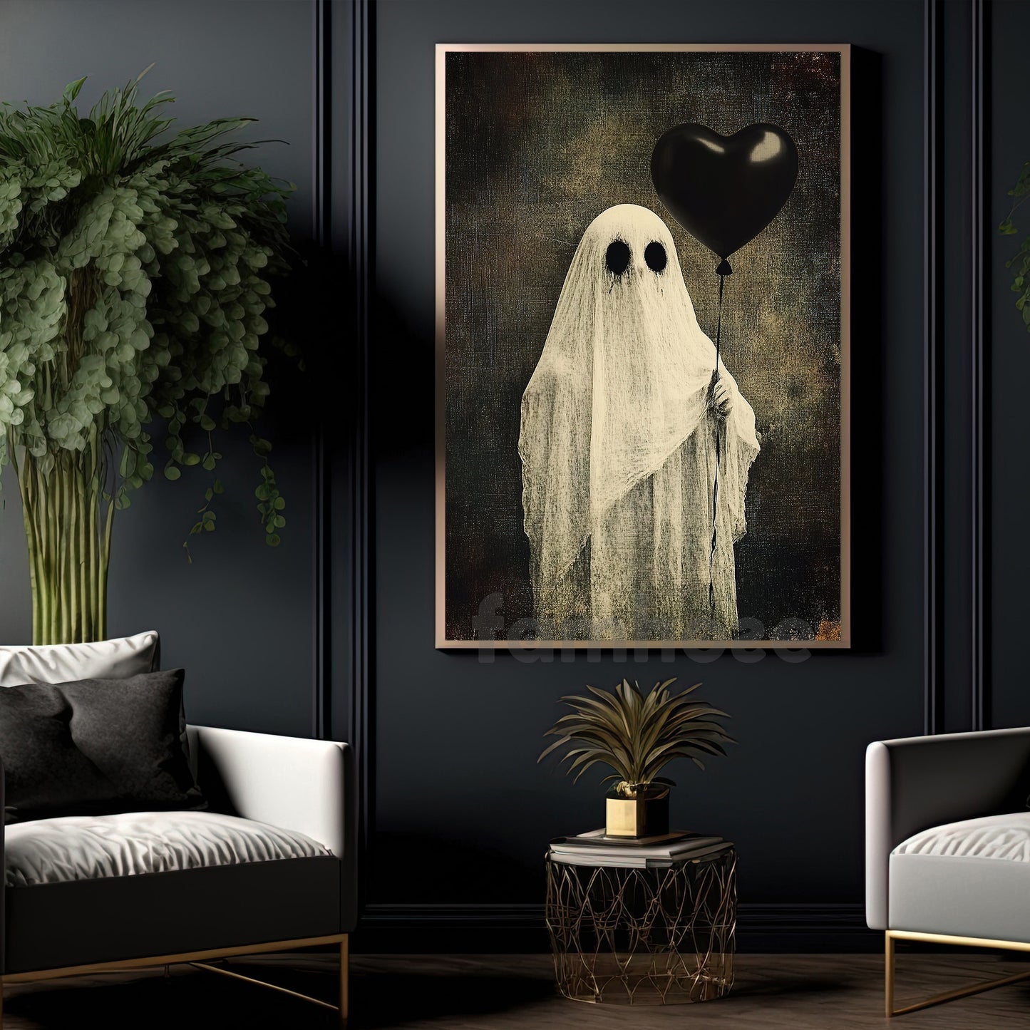 Halloween Ghost Canvas Painting, Ghost With Black Heart Balloon Wall Art Decor, Spooky Season Poster Gift For Boo Lover