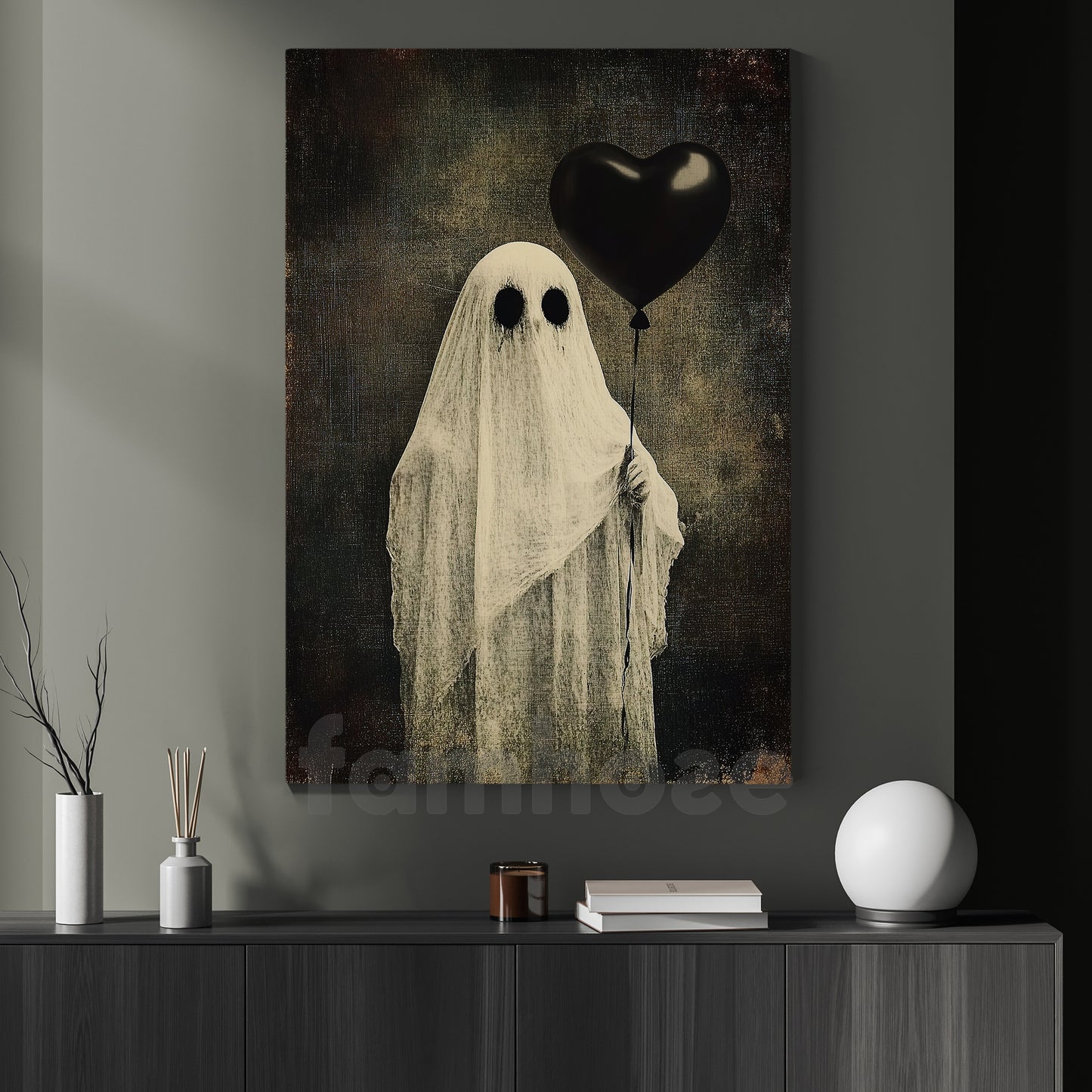Halloween Ghost Canvas Painting, Ghost With Black Heart Balloon Wall Art Decor, Spooky Season Poster Gift For Boo Lover