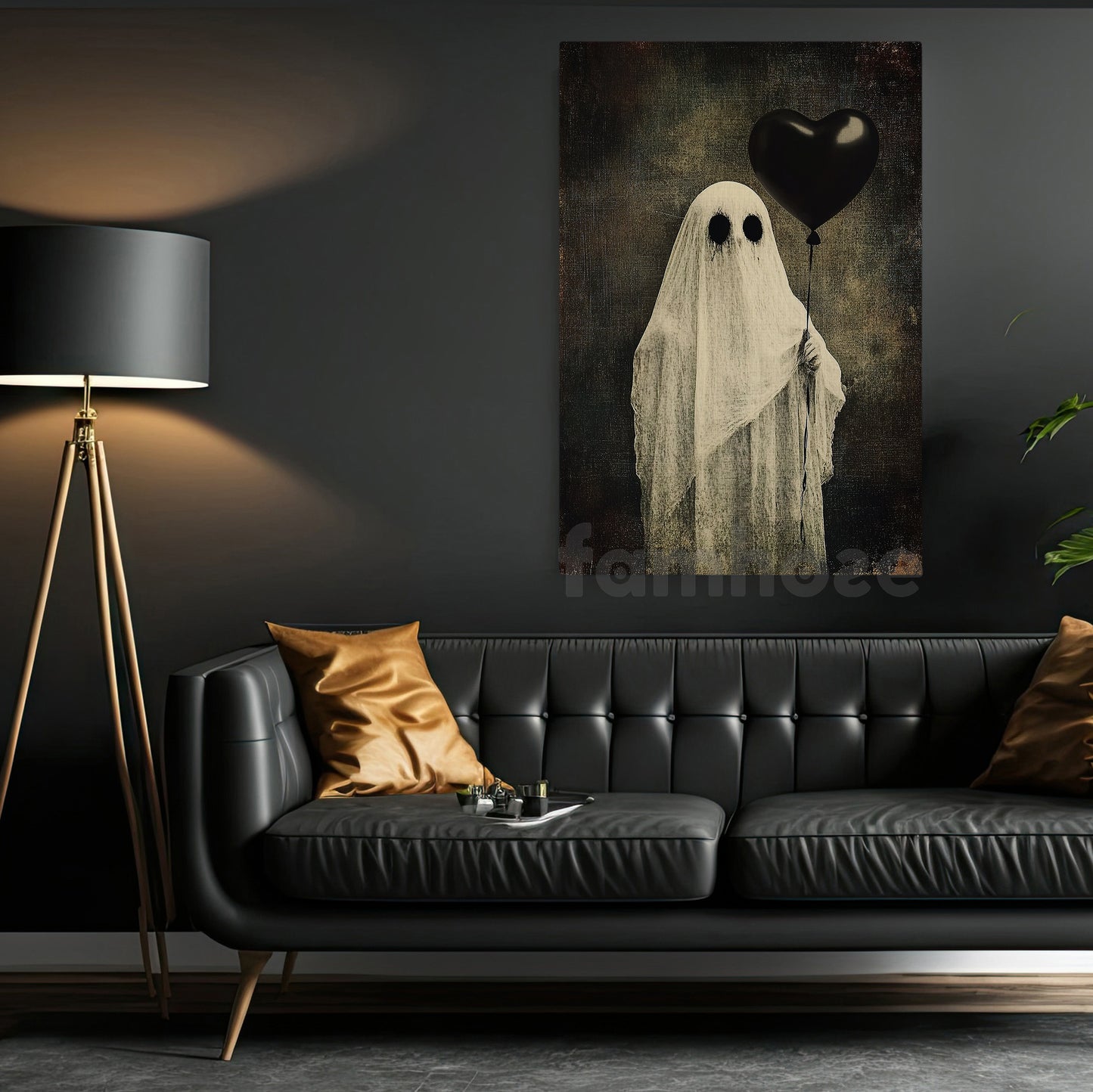 Halloween Ghost Canvas Painting, Ghost With Black Heart Balloon Wall Art Decor, Spooky Season Poster Gift For Boo Lover