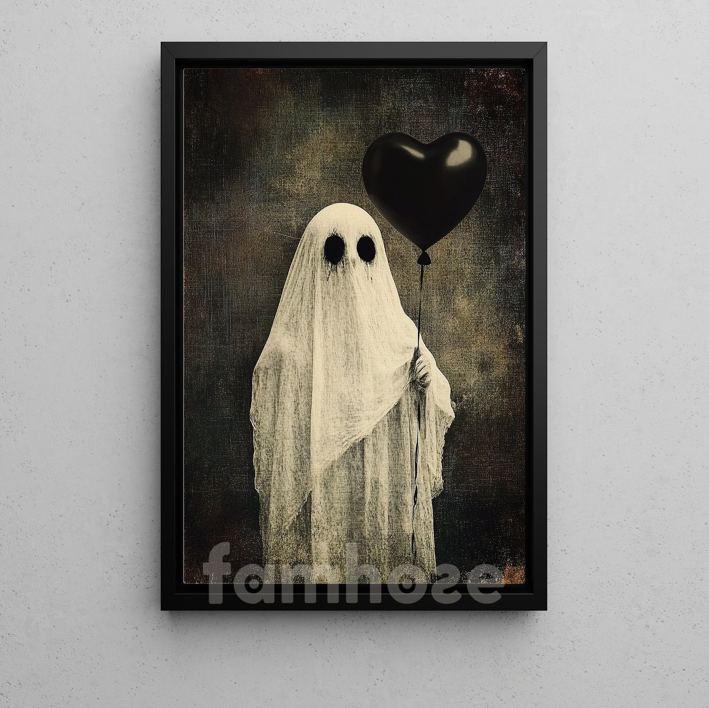 Halloween Ghost Canvas Painting, Ghost With Black Heart Balloon Wall Art Decor, Spooky Season Poster Gift For Boo Lover