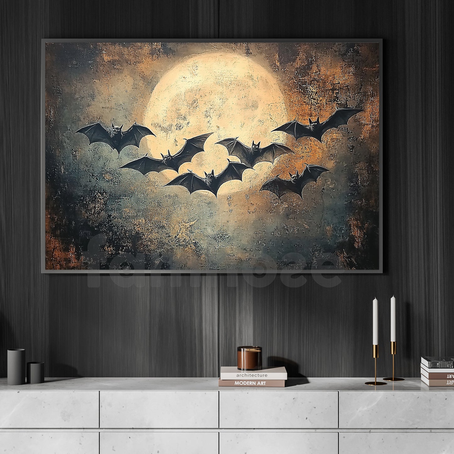Halloween Flying Bats Canvas Painting, When The Moon Calls The Night Spooky Season Wall Art Decor, Halloween Poster Gift For Bats Lovers