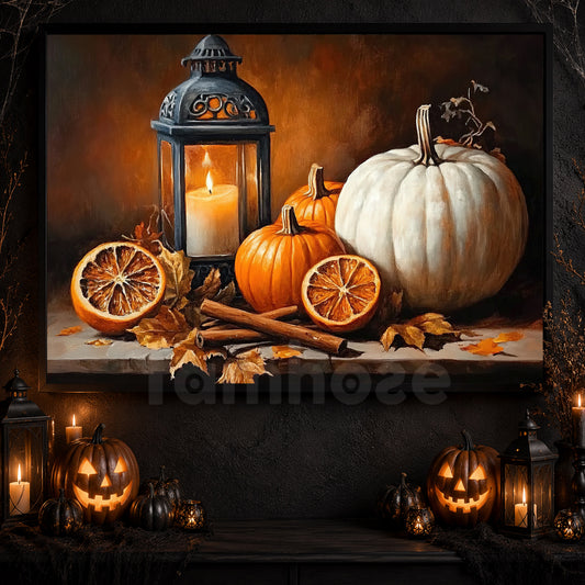 Halloween Candle And Pumpkin Canvas Painting, White Pumpkin Warm Hearts Spooky Season Wall Art Decor, Halloween Poster Gift For Pumpkins Lover