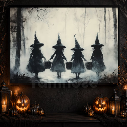 Halloween Witch Kid Canvas Painting, Sisters Of The Misty Woods Wall Art Decor, Spooky Season Poster Gift For Witch Lover