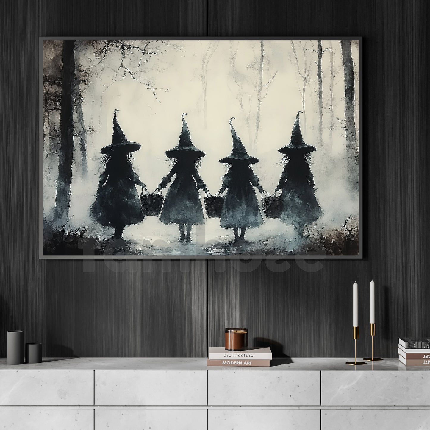Halloween Witch Kid Canvas Painting, Sisters Of The Misty Woods Wall Art Decor, Spooky Season Poster Gift For Witch Lover