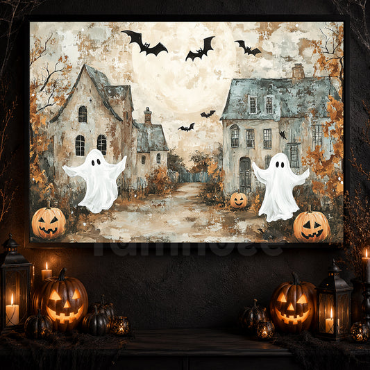 Halloween Ghost And Pumpkin Canvas Painting, Haunted Village Spooky Season Wall Art Decor, Halloween Poster Gift For Ghost Lovers