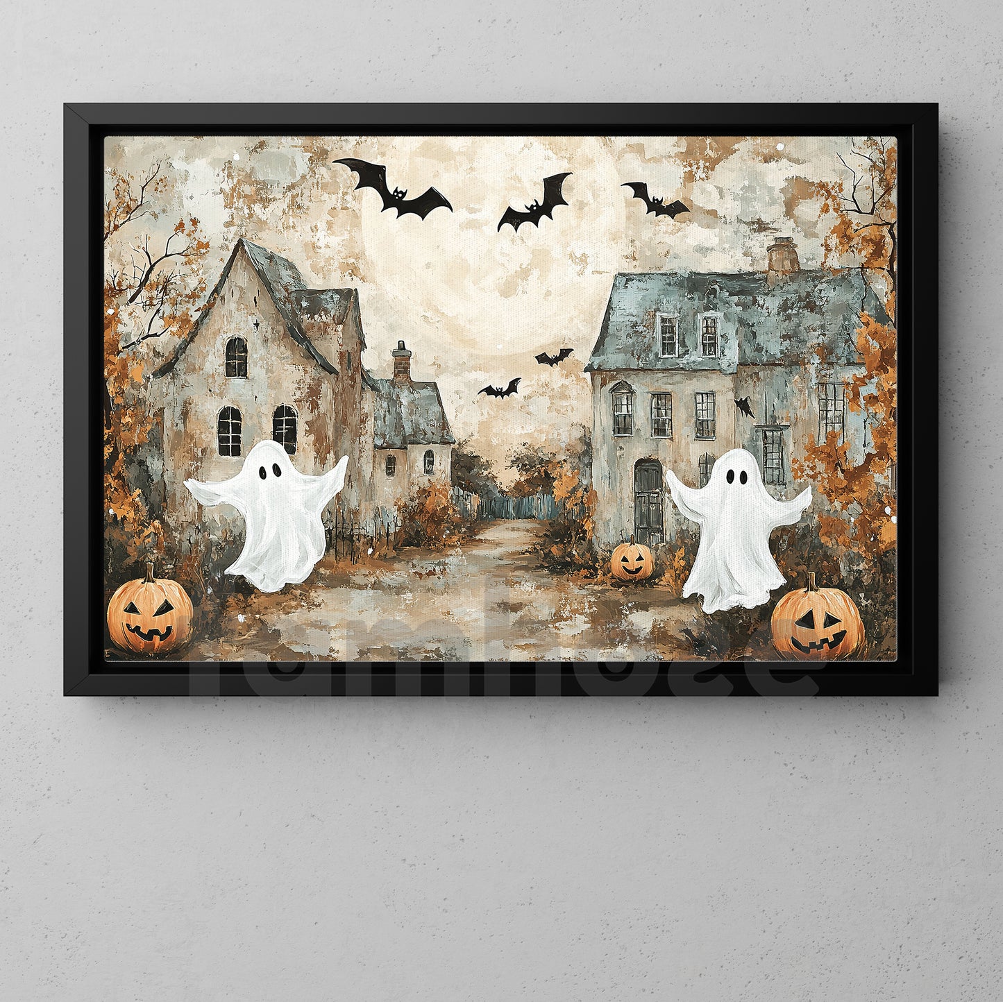 Halloween Ghost And Pumpkin Canvas Painting, Haunted Village Spooky Season Wall Art Decor, Halloween Poster Gift For Ghost Lovers