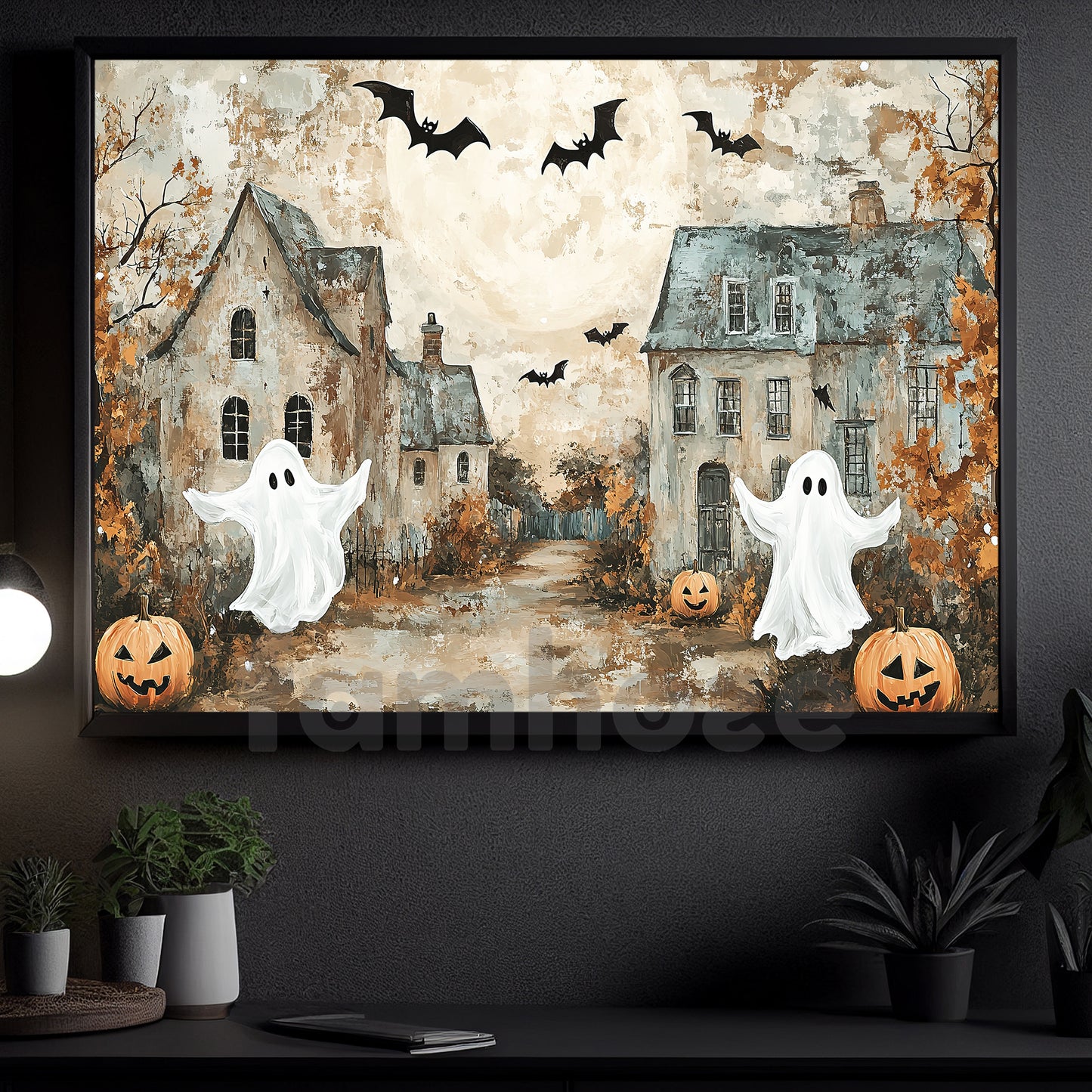Halloween Ghost And Pumpkin Canvas Painting, Haunted Village Spooky Season Wall Art Decor, Halloween Poster Gift For Ghost Lovers