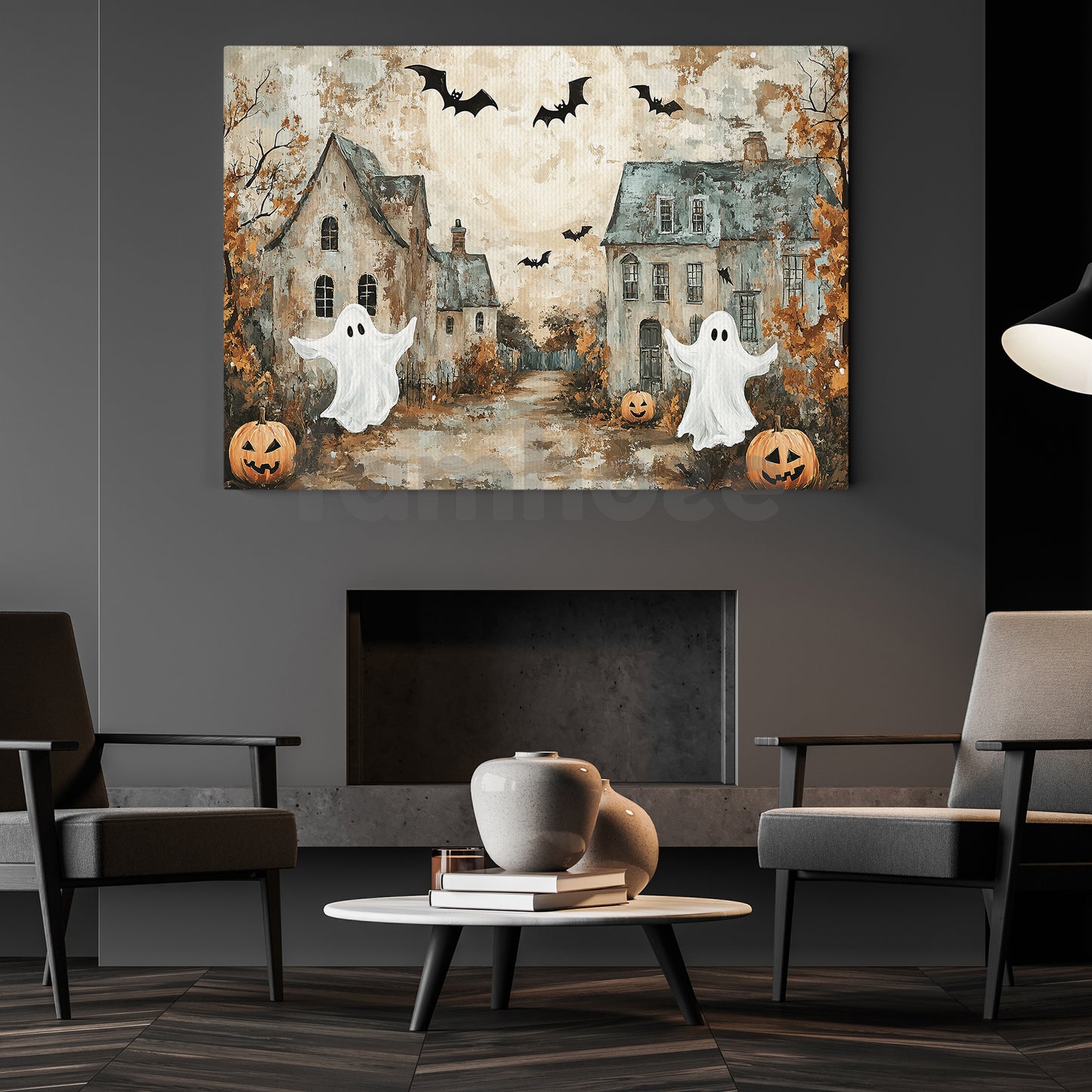 Halloween Ghost And Pumpkin Canvas Painting, Haunted Village Spooky Season Wall Art Decor, Halloween Poster Gift For Ghost Lovers