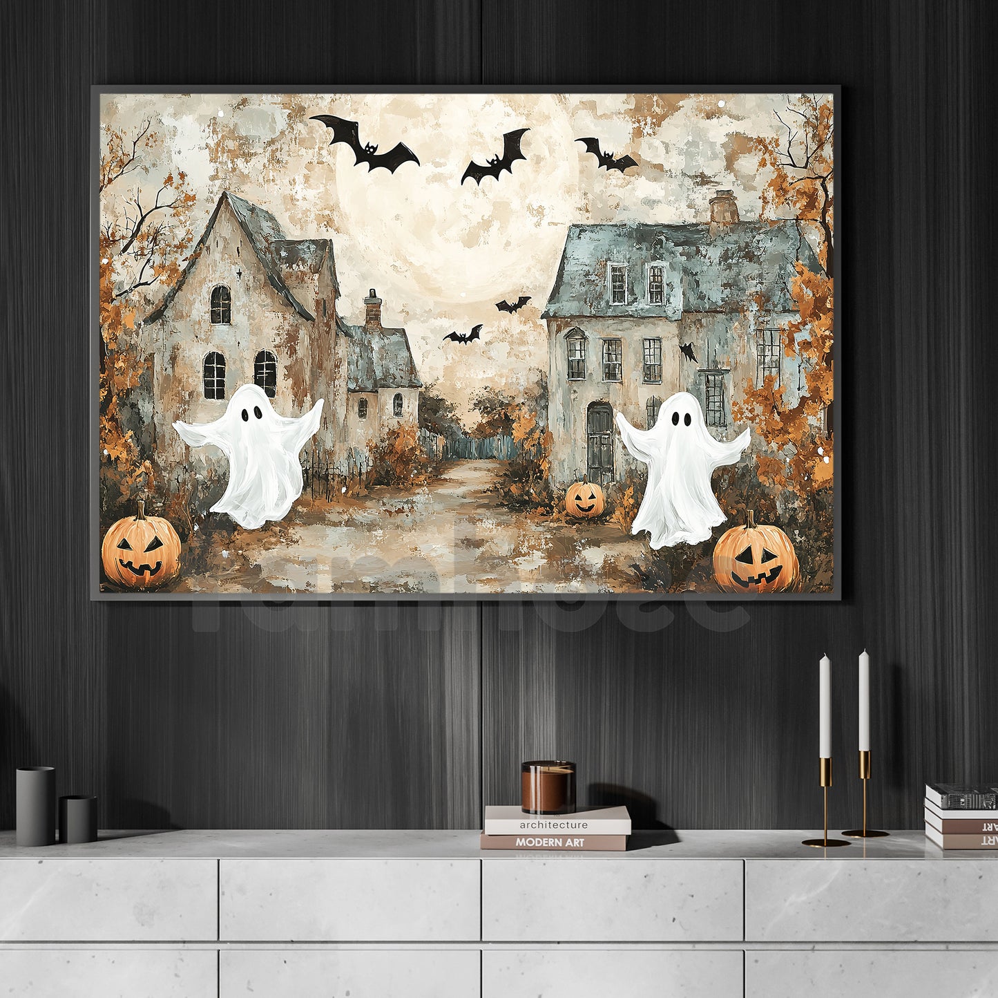 Halloween Ghost And Pumpkin Canvas Painting, Haunted Village Spooky Season Wall Art Decor, Halloween Poster Gift For Ghost Lovers