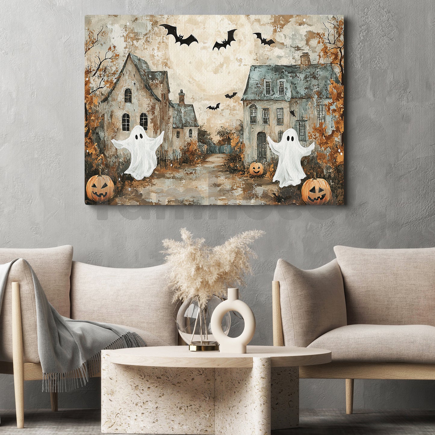 Halloween Ghost And Pumpkin Canvas Painting, Haunted Village Spooky Season Wall Art Decor, Halloween Poster Gift For Ghost Lovers
