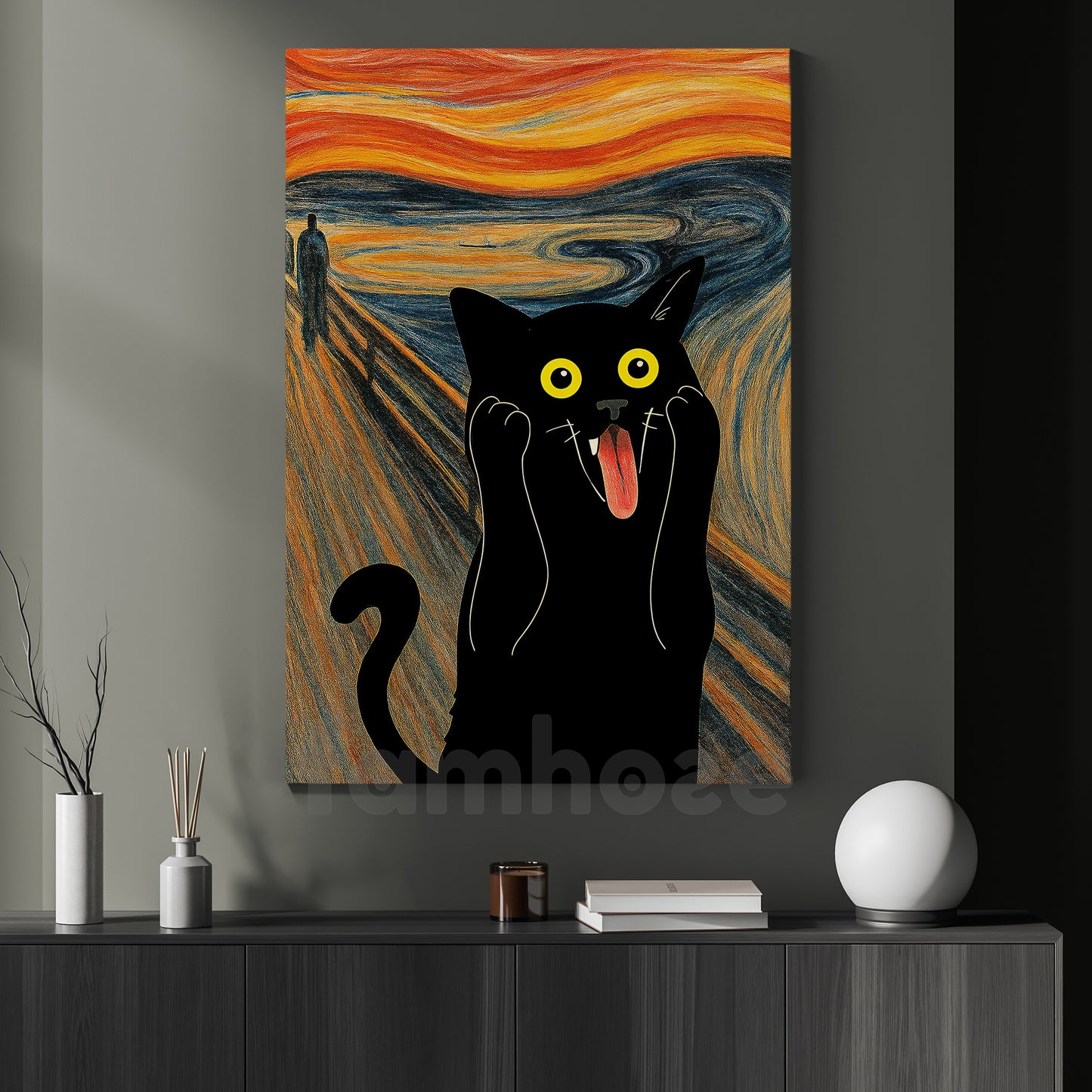 Funny Halloween Black Cat Canvas Painting,The Scream Cat Wall Art Decor Spooky Season Poster Gift For Cat Lovers