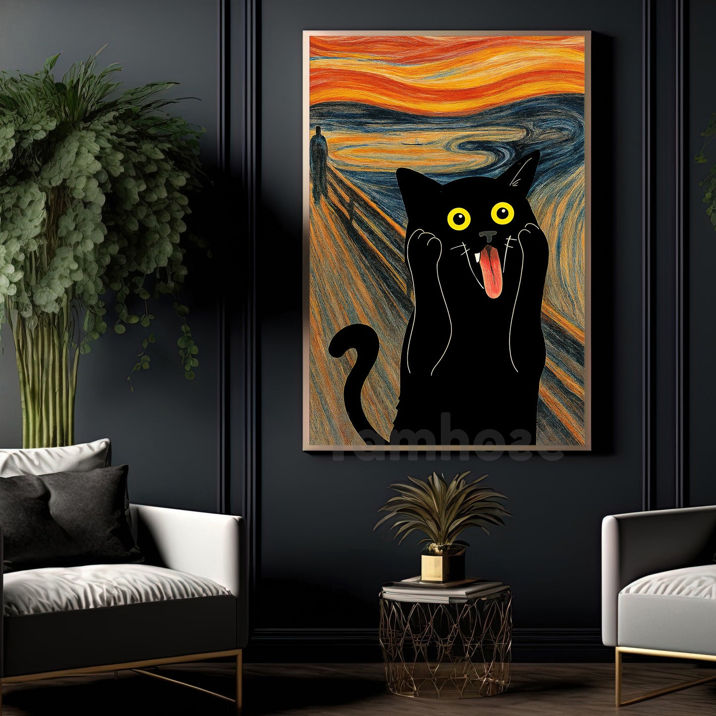 Funny Halloween Black Cat Canvas Painting,The Scream Cat Wall Art Decor Spooky Season Poster Gift For Cat Lovers