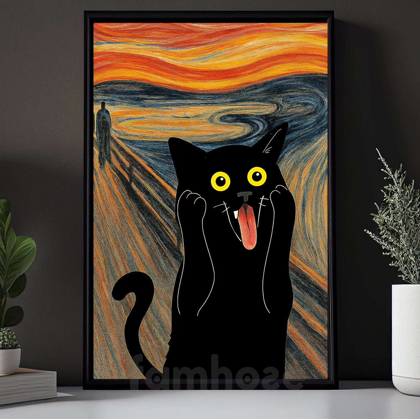 Funny Halloween Black Cat Canvas Painting,The Scream Cat Wall Art Decor Spooky Season Poster Gift For Cat Lovers