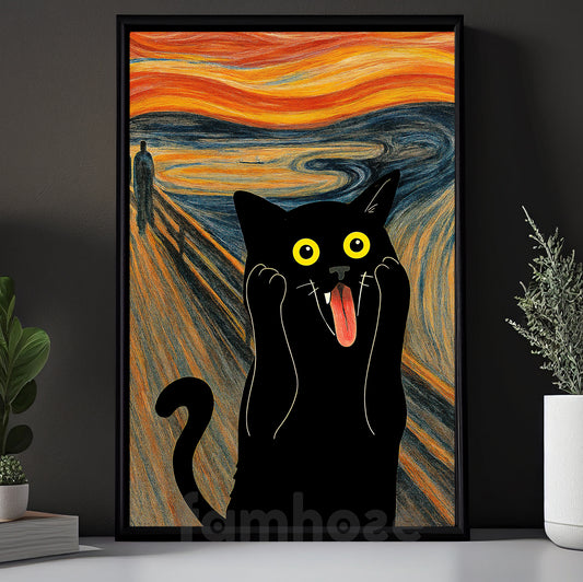 Funny Halloween Black Cat Canvas Painting,The Scream Cat Wall Art Decor Spooky Season Poster Gift For Cat Lovers