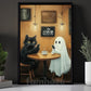 Halloween Cat Ghost & Coffee Shop Canvas Painting, No Phones Just Boos & Brews Wall Art Decor, Spooky Season Poster Gift For Cat Lover