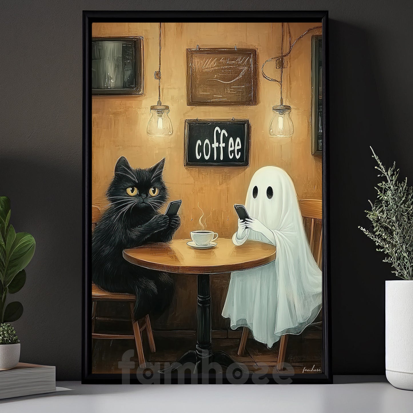Halloween Cat Ghost & Coffee Shop Canvas Painting, No Phones Just Boos & Brews Wall Art Decor, Spooky Season Poster Gift For Cat Lover