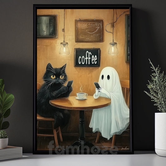 Halloween Cat Ghost & Coffee Shop Canvas Painting, No Phones Just Boos & Brews Wall Art Decor, Spooky Season Poster Gift For Cat Lover