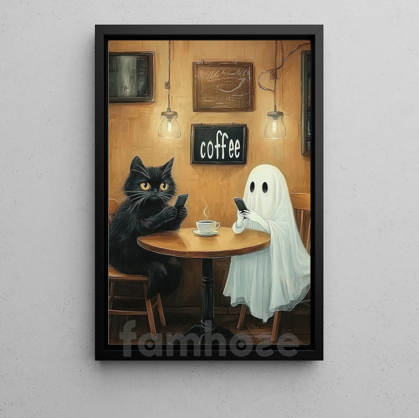 Halloween Cat Ghost & Coffee Shop Canvas Painting, No Phones Just Boos & Brews Wall Art Decor, Spooky Season Poster Gift For Cat Lover