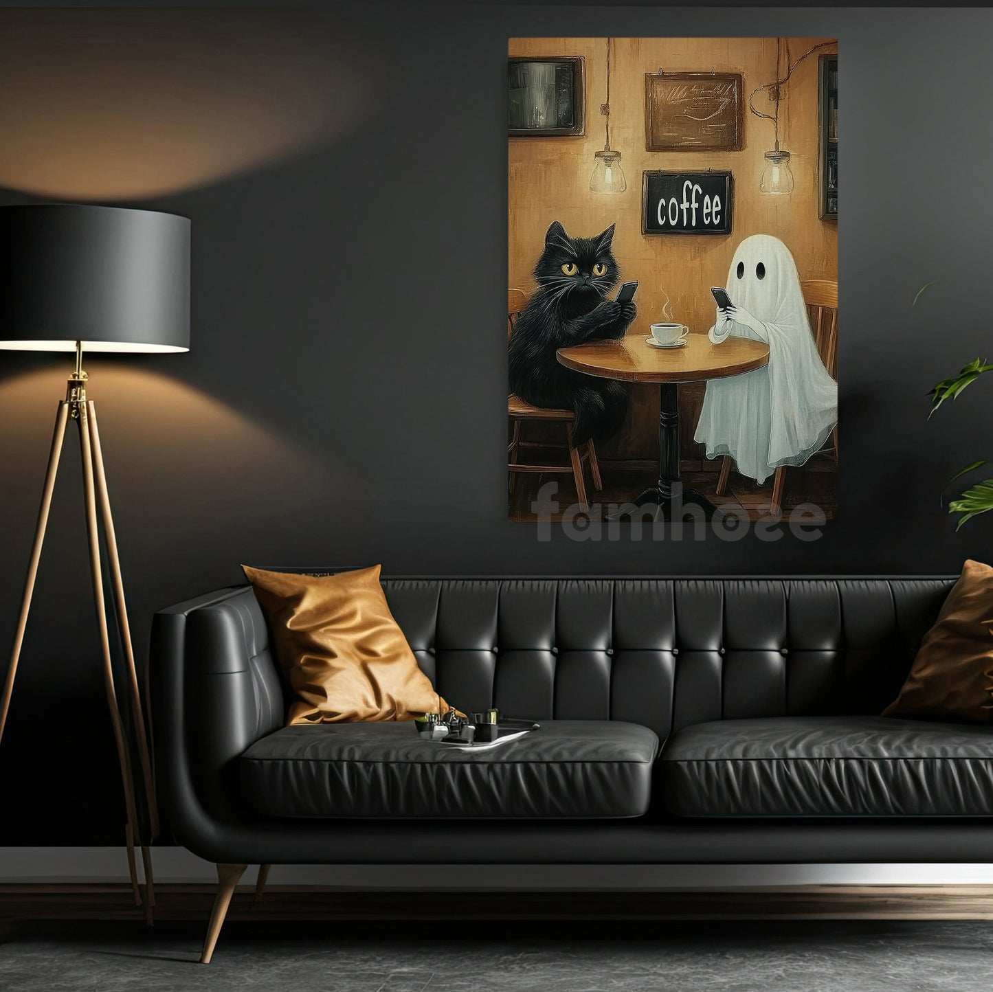 Halloween Cat Ghost & Coffee Shop Canvas Painting, No Phones Just Boos & Brews Wall Art Decor, Spooky Season Poster Gift For Cat Lover