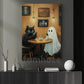 Halloween Cat Ghost & Coffee Shop Canvas Painting, No Phones Just Boos & Brews Wall Art Decor, Spooky Season Poster Gift For Cat Lover